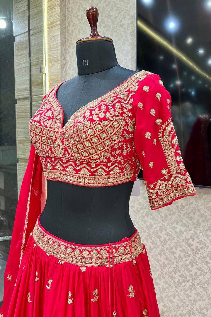 Red Sequins, Zari, Pearl and Beads work Crop Top Lehenga