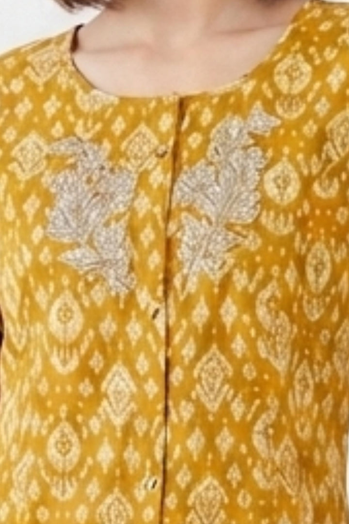 Mustard Embroidery and Mirror work with Digital Print A-Line Cut Calf Length Kurti