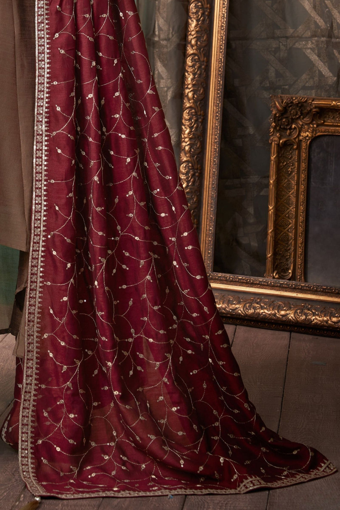 Brown Zardozi, Beads, Mirror and Stone work A-line Cut Anarkali Styled Salwar Suit