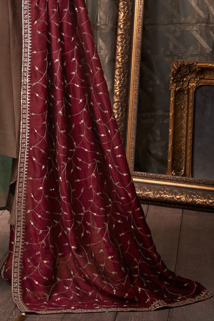 Brown Zardozi, Beads, Mirror and Stone work A-line Cut Anarkali Styled Salwar Suit