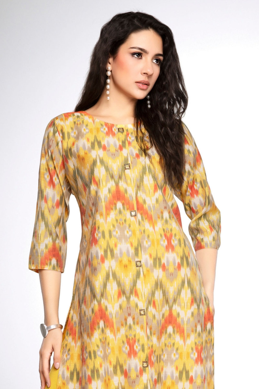 Yellow Beads and Sequins work with Multicolor Digital Print A-line Cut Calf Length Kurti