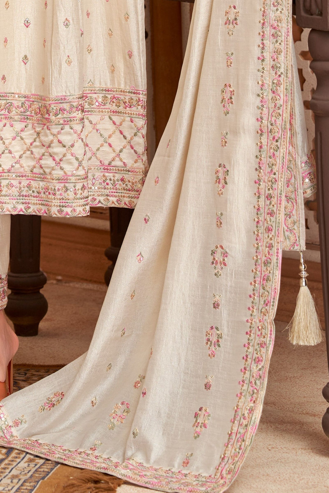 Beige Multicolor Thread and Sequins work Anarkali Style Salwar