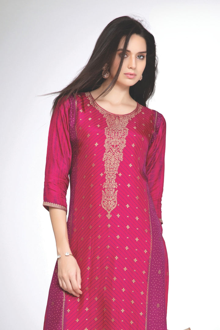 Rani Pink Banaras Zari work with Printed Calf Length Kurti