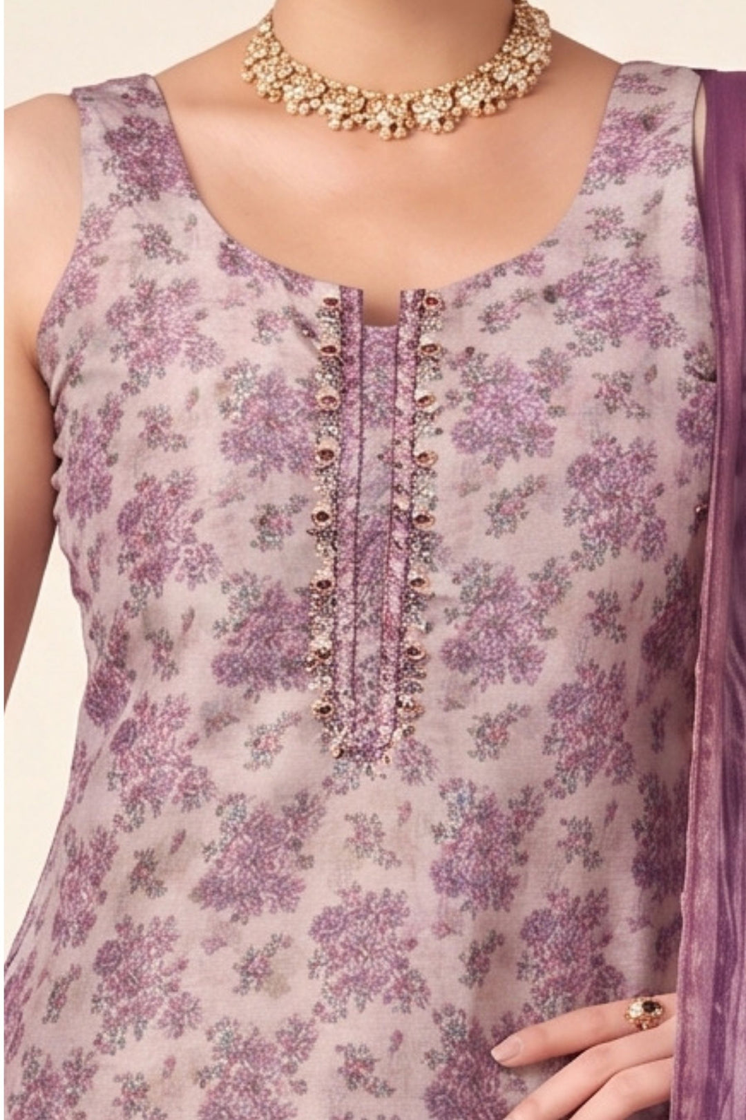 Lavender Mirror, Beads and Sequins work with Floral Print Straight Cut Salwar Suit