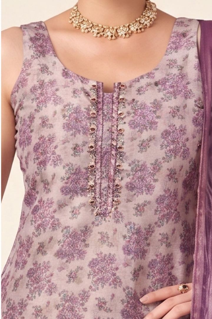 Lavender Mirror, Beads and Sequins work with Floral Print Straight Cut Salwar Suit