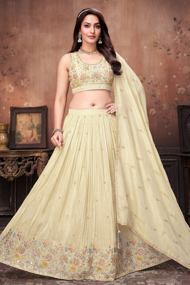 Cream Beads, Sequins and Multicolor Thread work Crop Top Lehenga