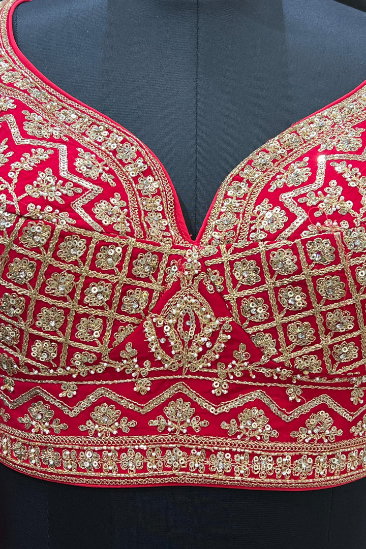 Red Sequins, Zari, Pearl and Beads work Crop Top Lehenga