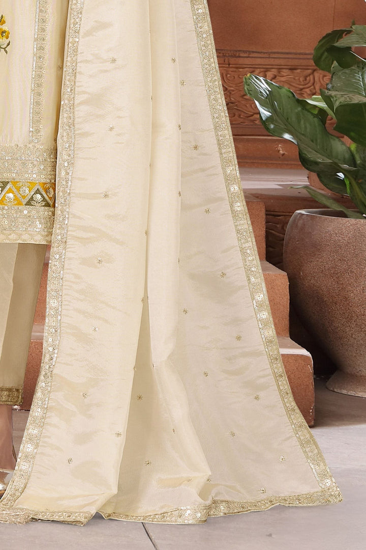 Beige Sequins, Zari and Embroidery work Straight Cut Salwar Suit