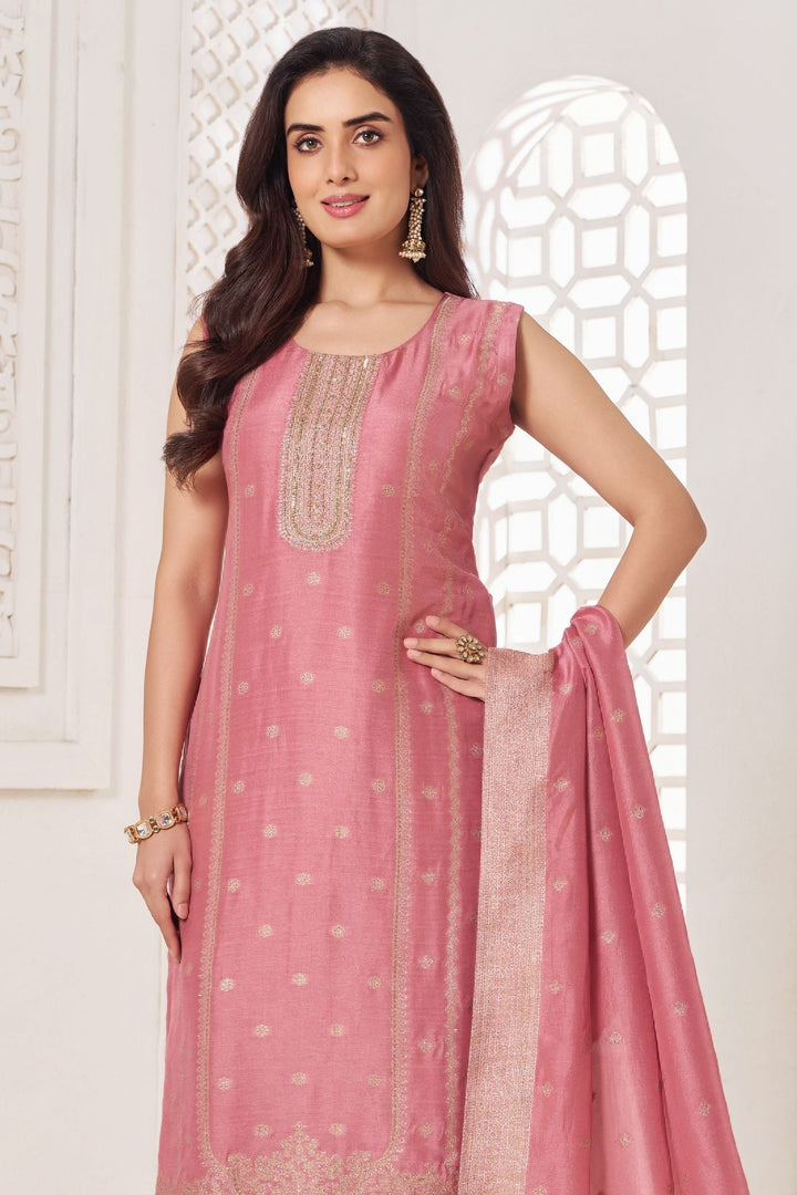 Lotus Pink Beads, Sequins, Stone, Zari, Zardozi and Banaras work Straight Cut Salwar Suit