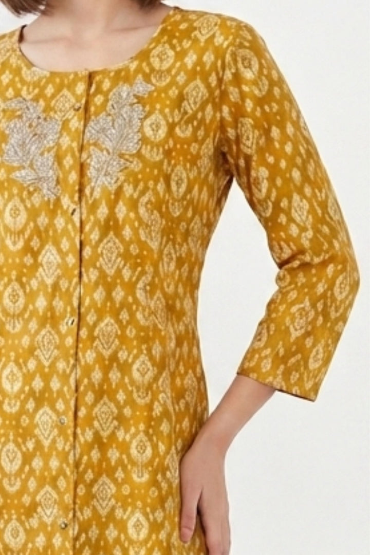 Mustard Embroidery and Mirror work with Digital Print A-Line Cut Calf Length Kurti