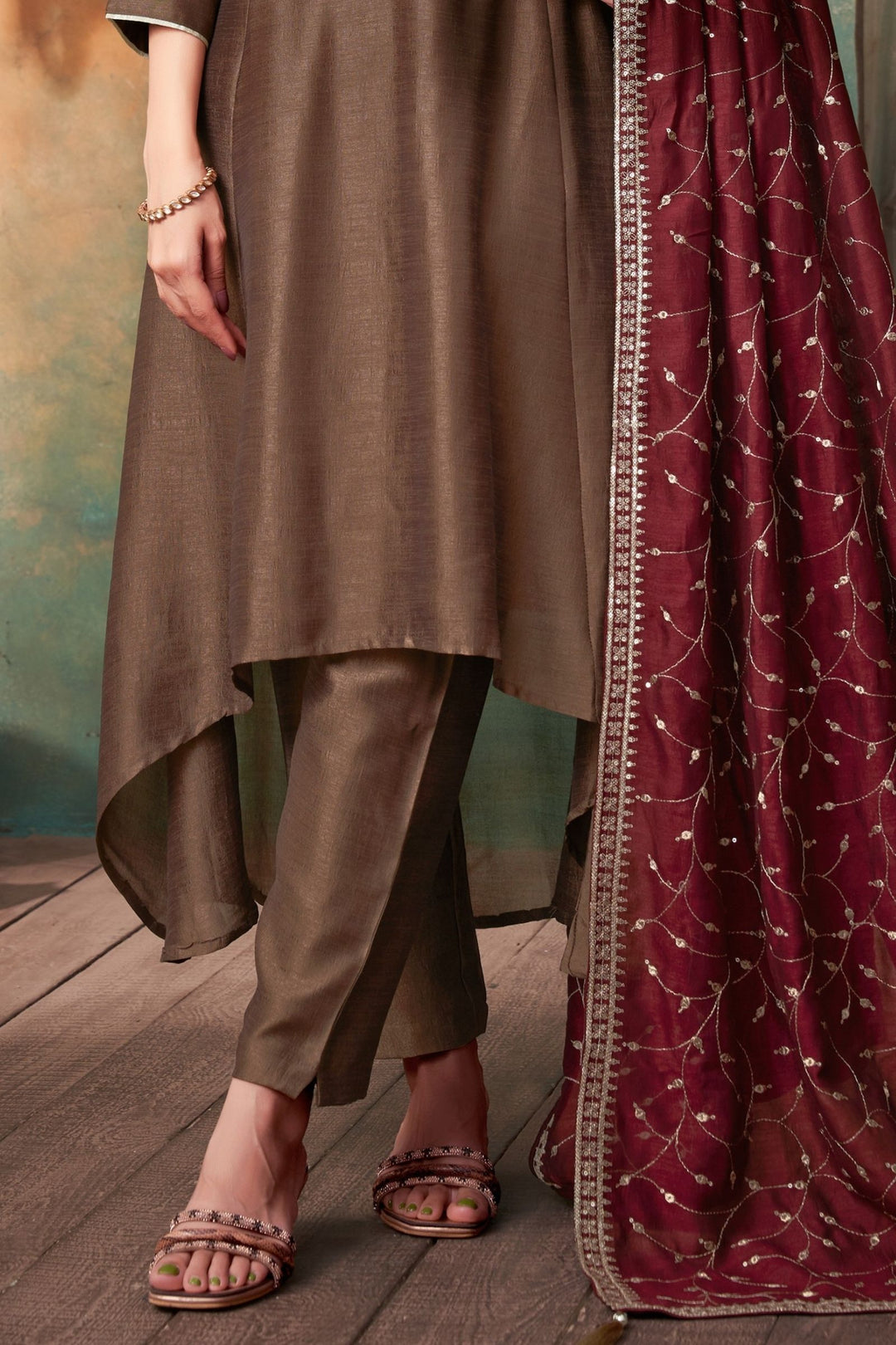 Brown Zardozi, Beads, Mirror and Stone work A-line Cut Anarkali Styled Salwar Suit