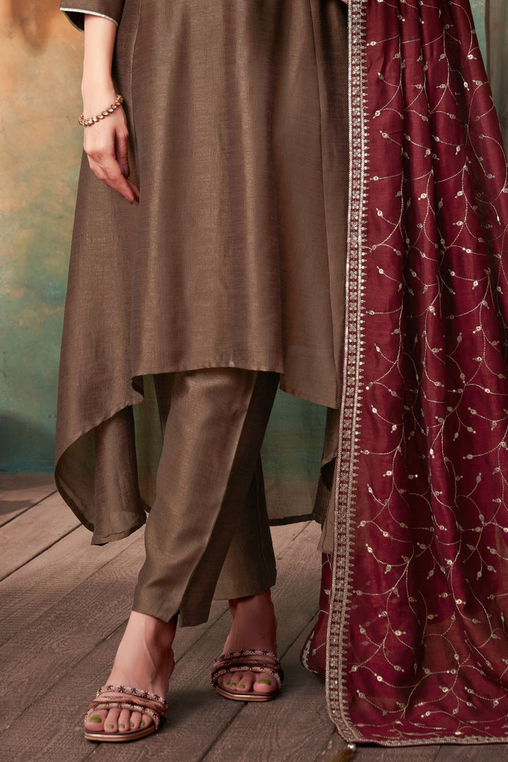 Brown Zardozi, Beads, Mirror and Stone work A-line Cut Anarkali Styled Salwar Suit