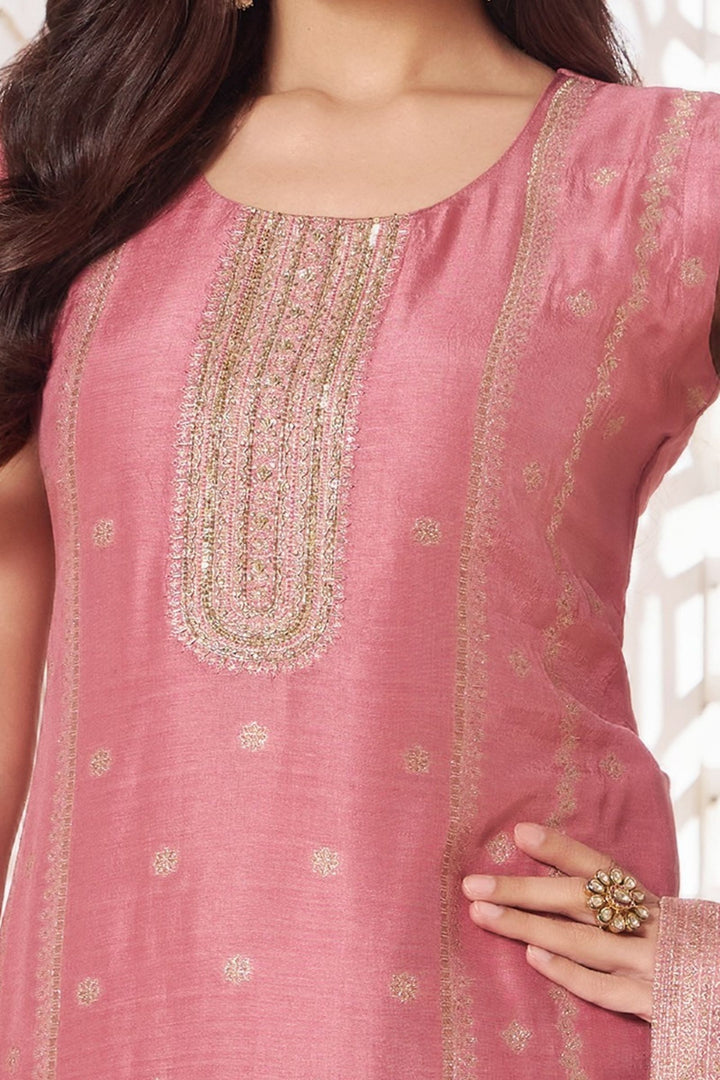 Lotus Pink Beads, Sequins, Stone, Zari, Zardozi and Banaras work Straight Cut Salwar Suit
