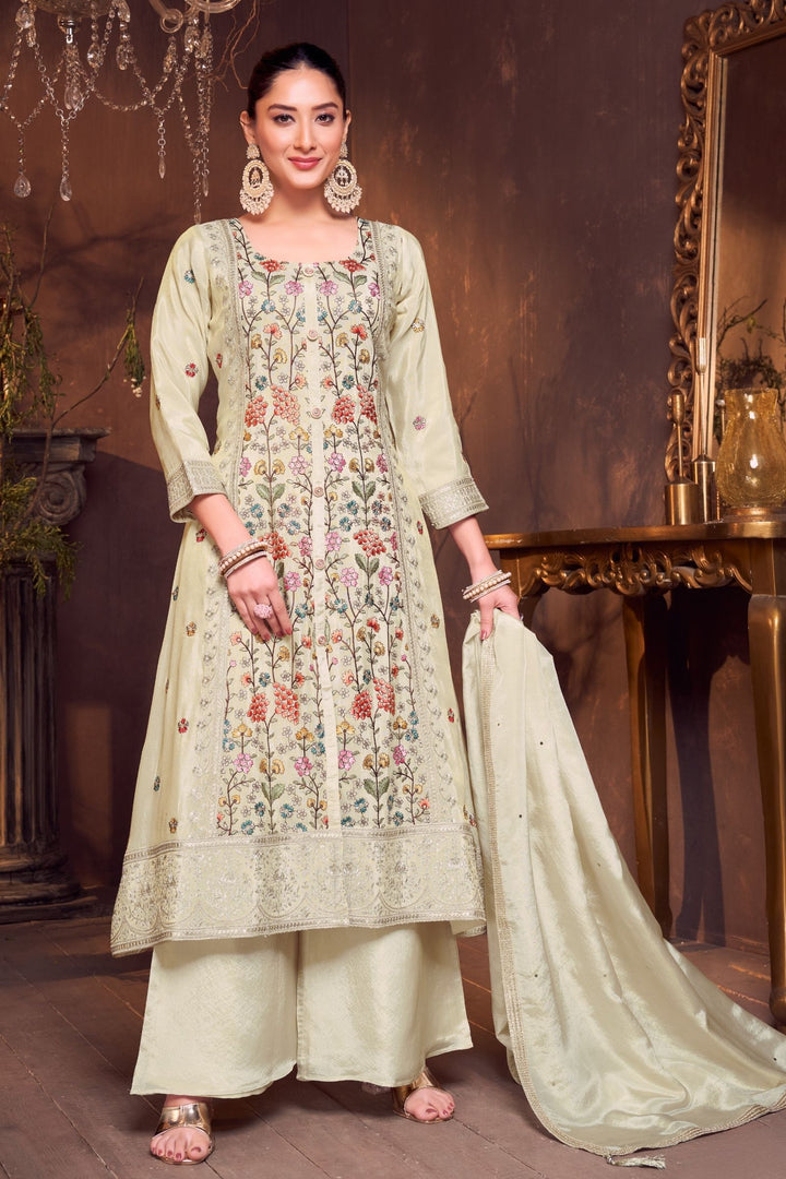 Beige Multicolor Embroidery, Sequins and Zari work Palazzo Salwar Suit