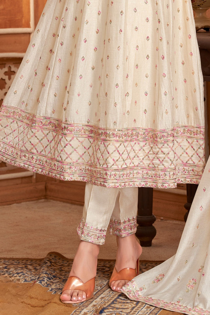 Beige Multicolor Thread and Sequins work Anarkali Style Salwar