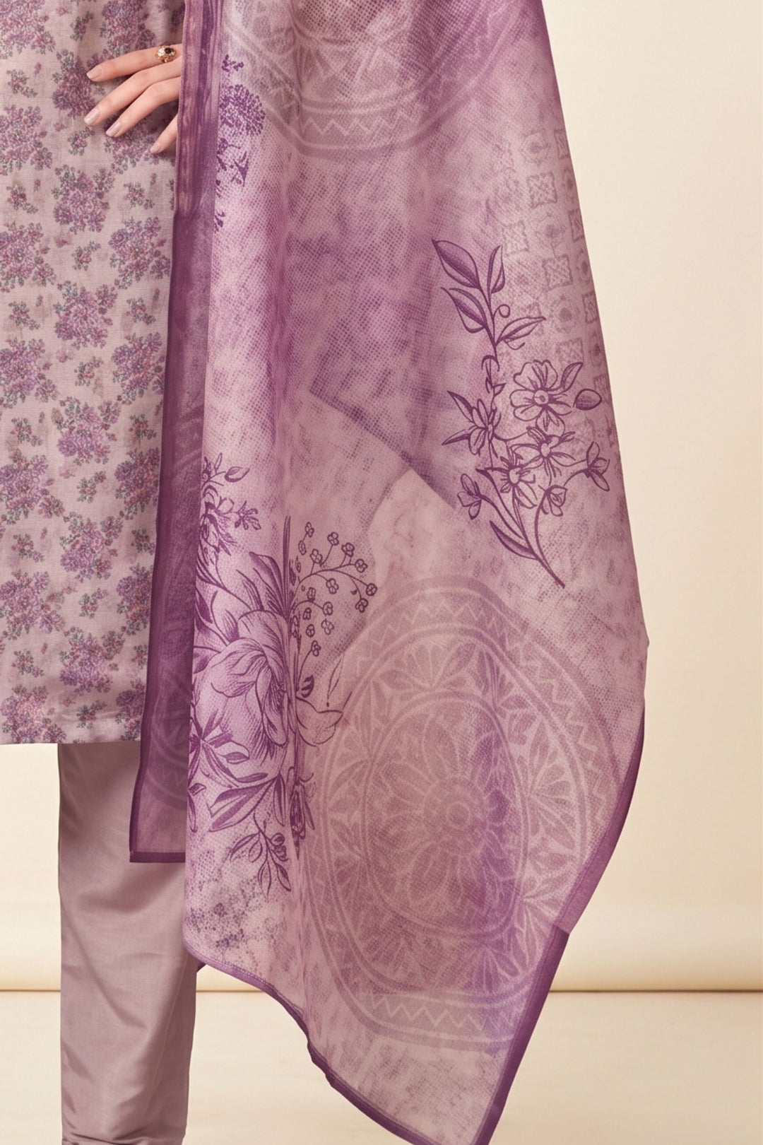 Lavender Mirror, Beads and Sequins work with Floral Print Straight Cut Salwar Suit