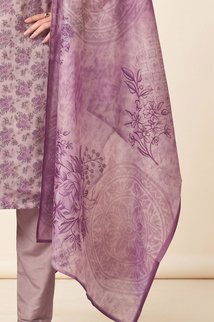 Lavender Mirror, Beads and Sequins work with Floral Print Straight Cut Salwar Suit