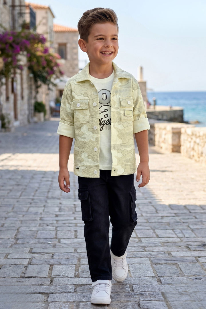 Cream Blazer, Printed T-Shirt and Black Pant Set for Boys