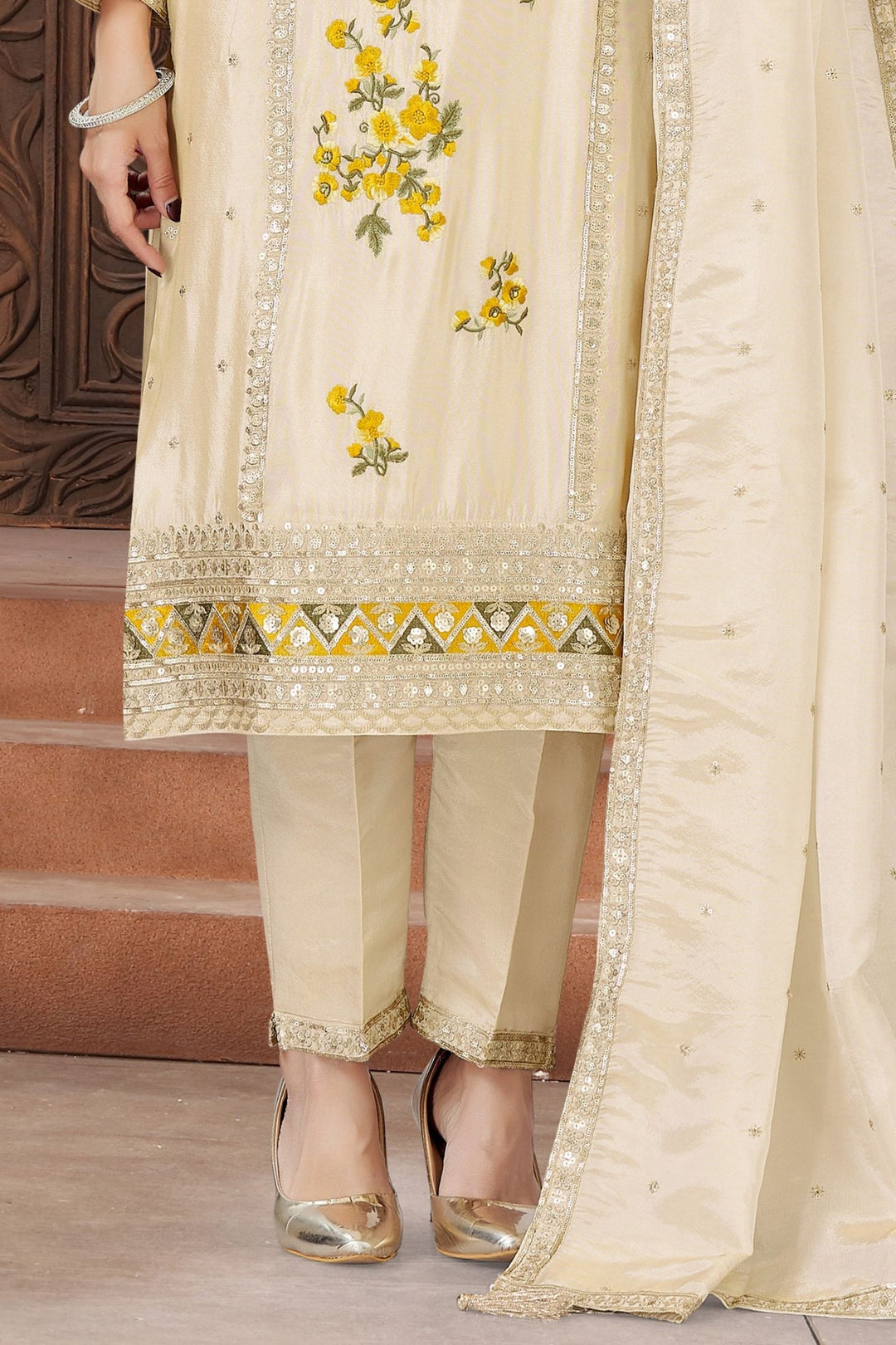 Beige Sequins, Zari and Embroidery work Straight Cut Salwar Suit