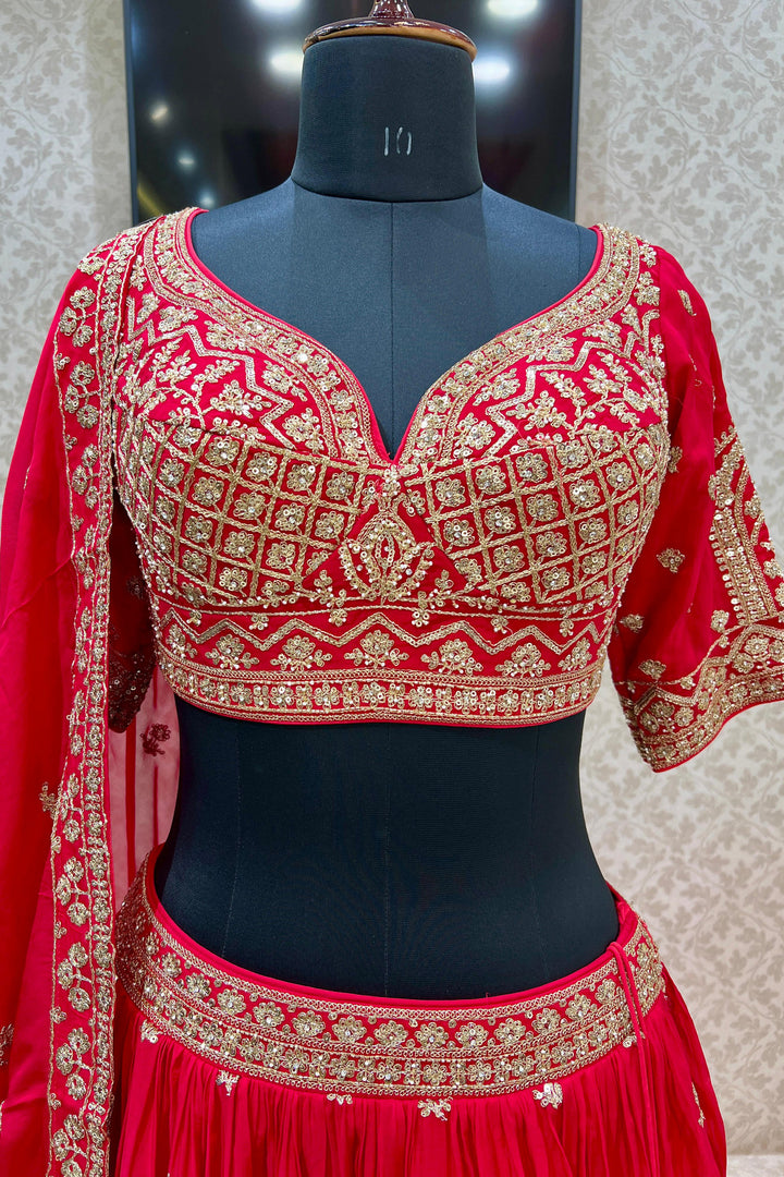 Red Sequins, Zari, Pearl and Beads work Crop Top Lehenga