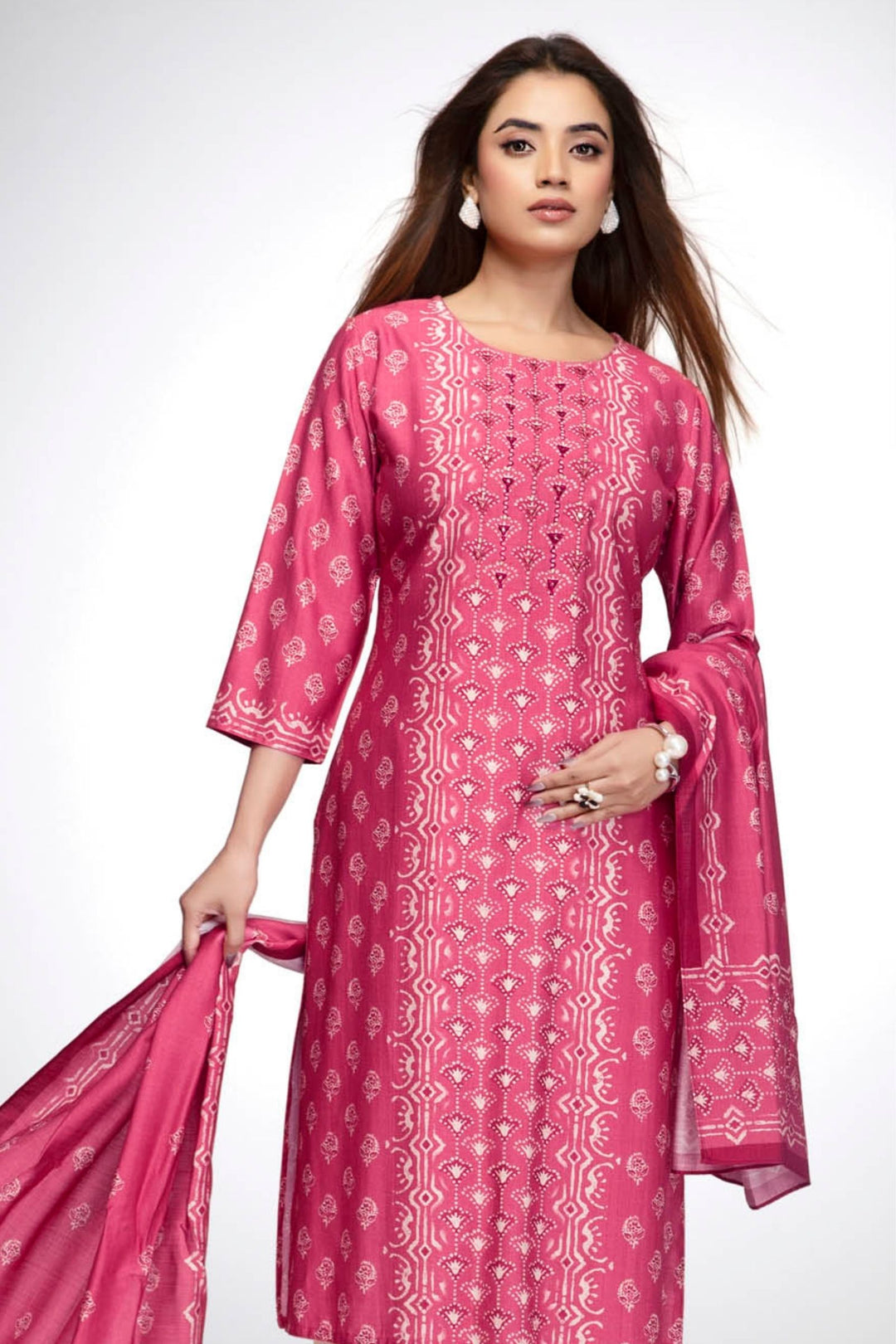 Pink with Cream Digital Print Straight Kurta Set