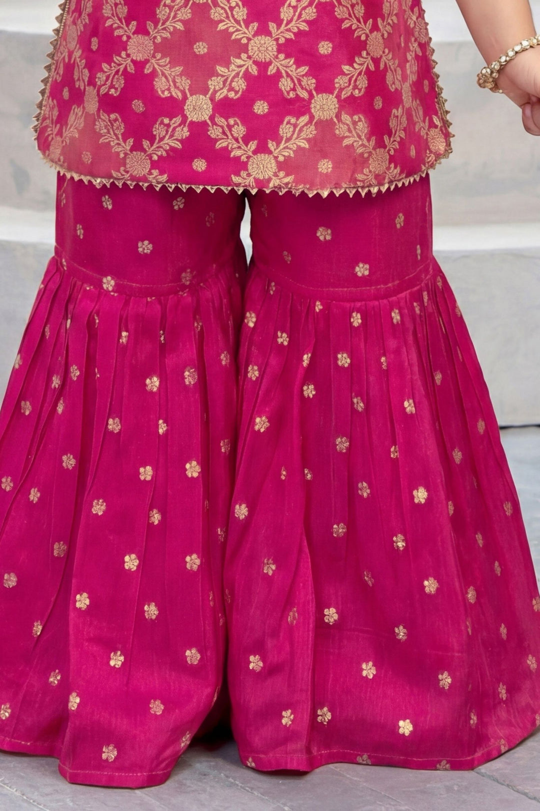 Rani Pink Banaras Zari, Mirror and Beads work Sharara Suit Set for Girls