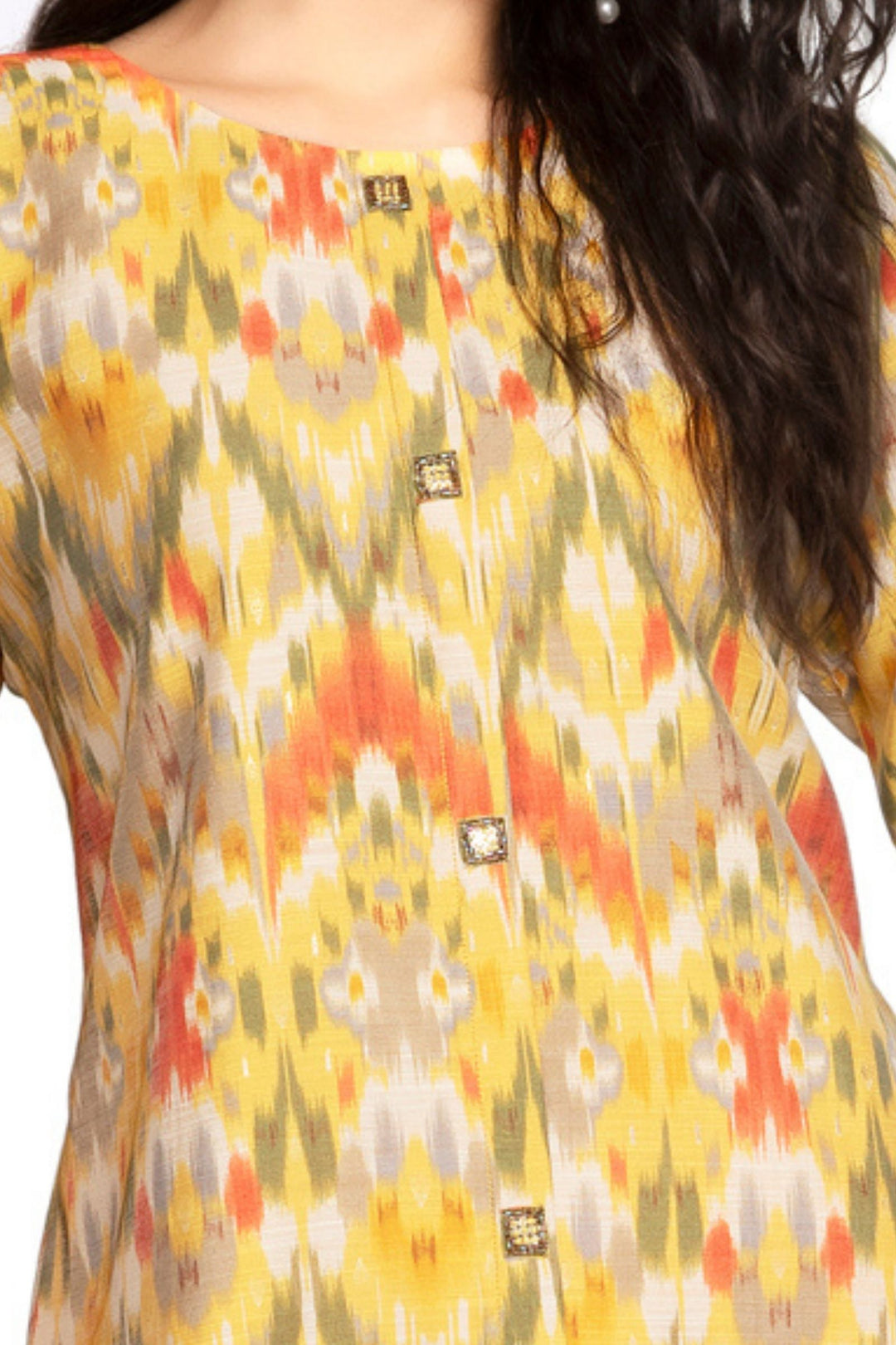 Yellow Beads and Sequins work with Multicolor Digital Print A-line Cut Calf Length Kurti