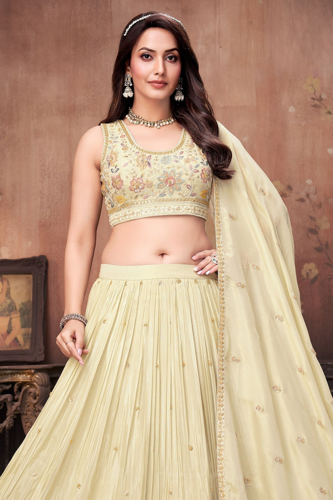 Cream Beads, Sequins and Multicolor Thread work Crop Top Lehenga