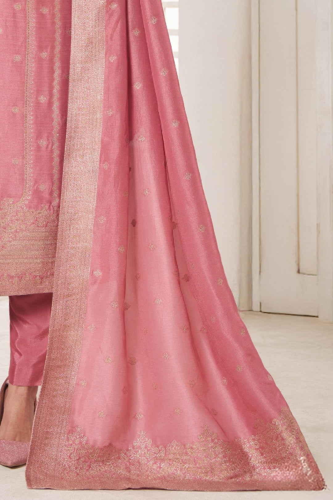 Lotus Pink Beads, Sequins, Stone, Zari, Zardozi and Banaras work Straight Cut Salwar Suit