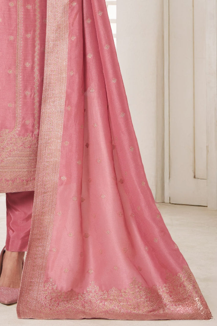 Lotus Pink Beads, Sequins, Stone, Zari, Zardozi and Banaras work Straight Cut Salwar Suit