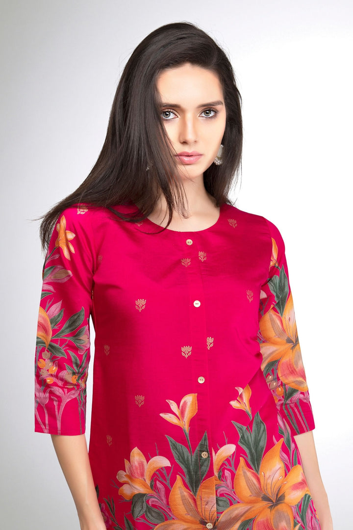 Rani Pink Floral Print Short Kurti