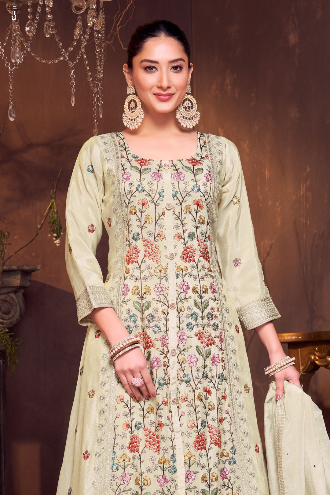 Beige Multicolor Embroidery, Sequins and Zari work Palazzo Salwar Suit