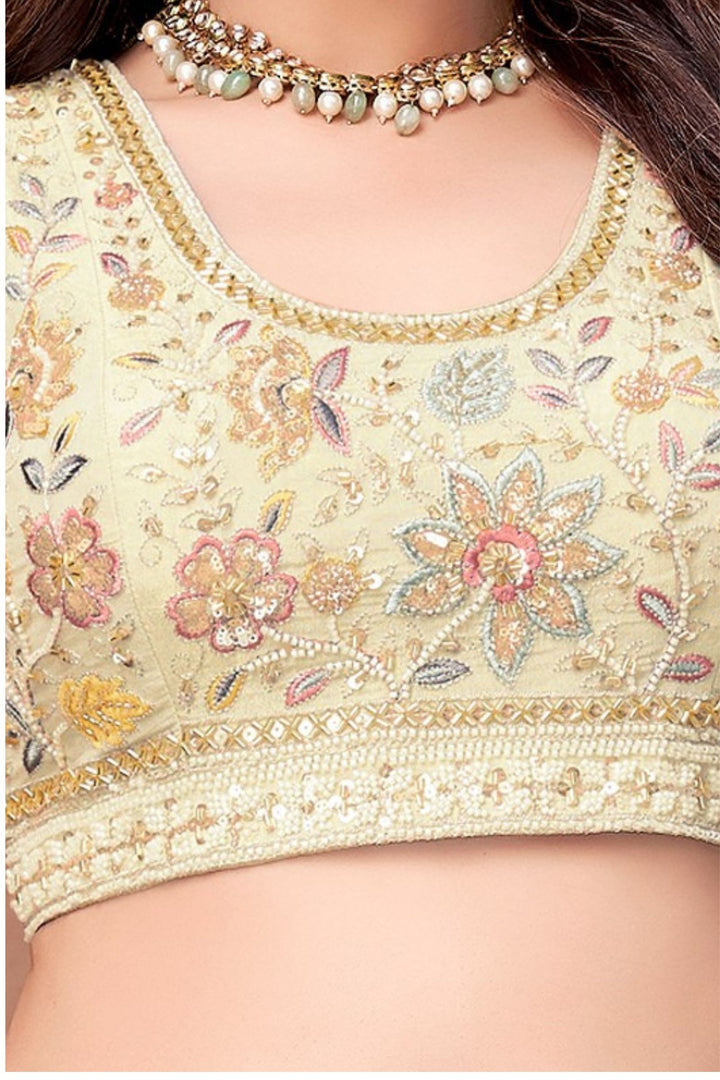 Cream Beads, Sequins and Multicolor Thread work Crop Top Lehenga