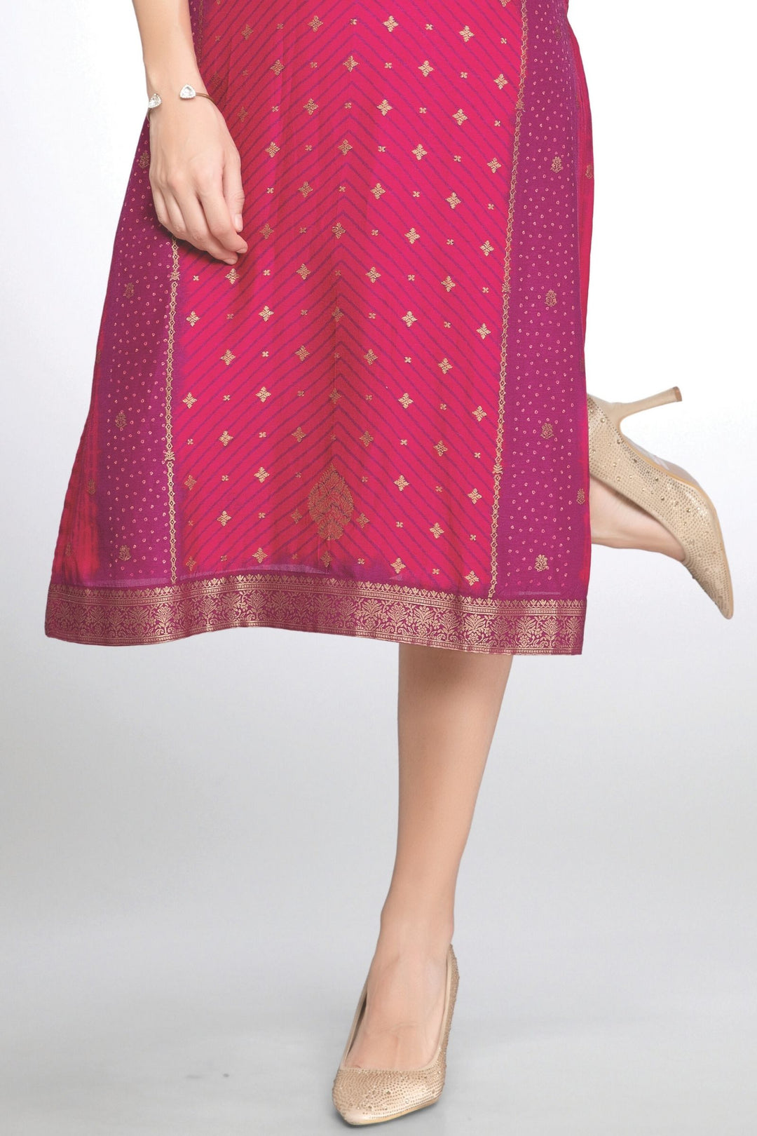 Rani Pink Banaras Zari work with Printed Calf Length Kurti