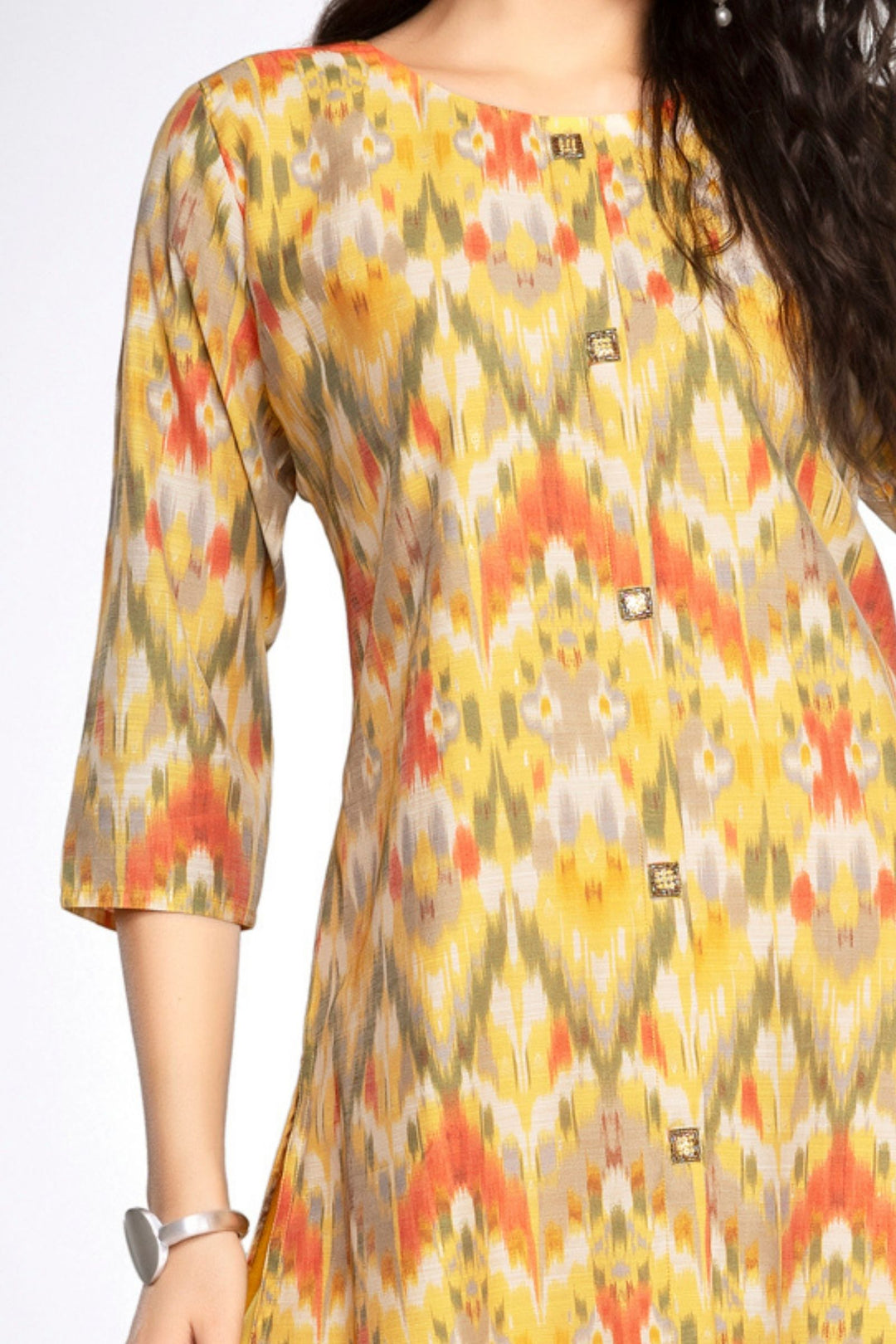 Yellow Beads and Sequins work with Multicolor Digital Print A-line Cut Calf Length Kurti