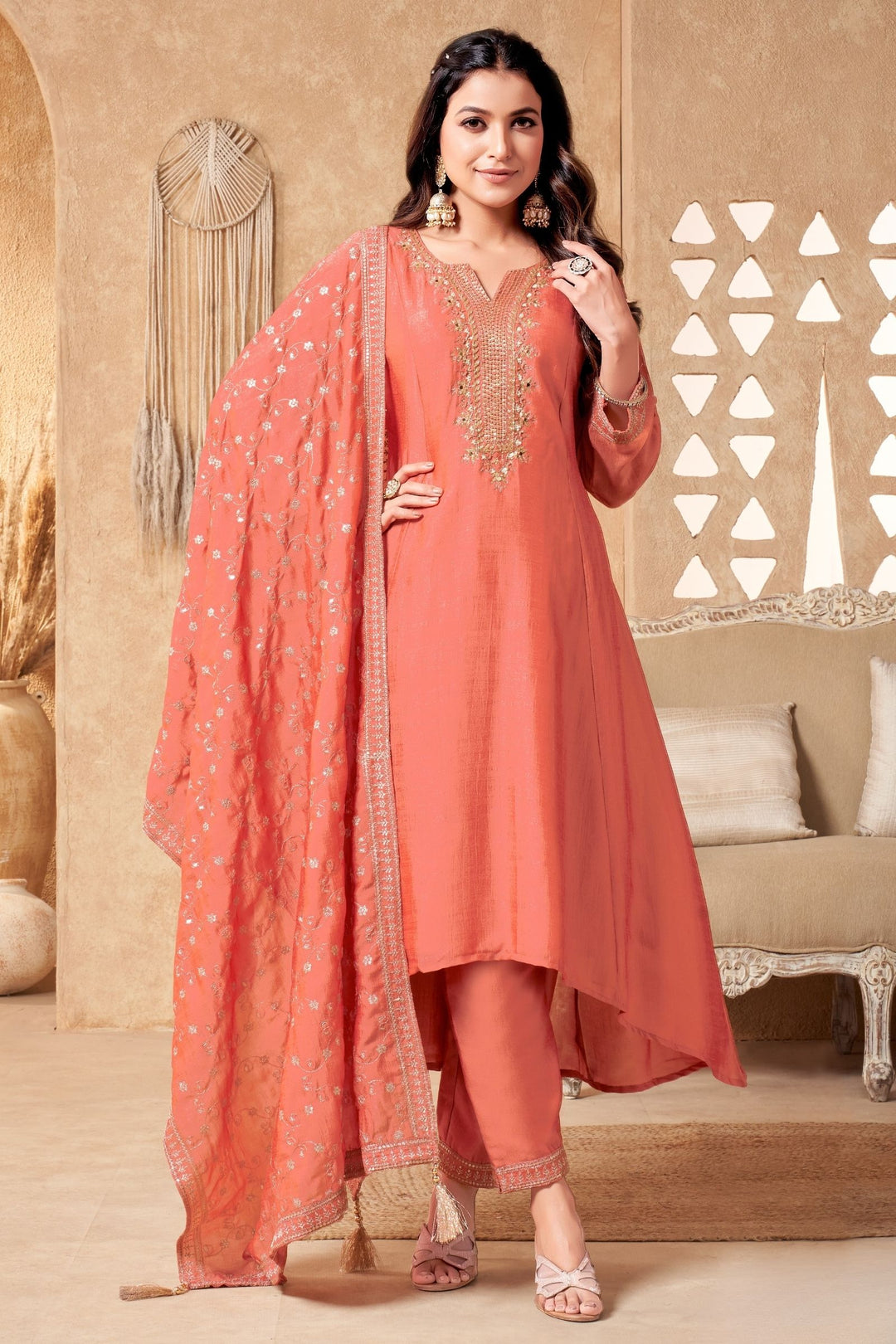 Peach Sequins, Beads, Mirror and Zari work A-line Cut Anarkali Styled Salwar Suit