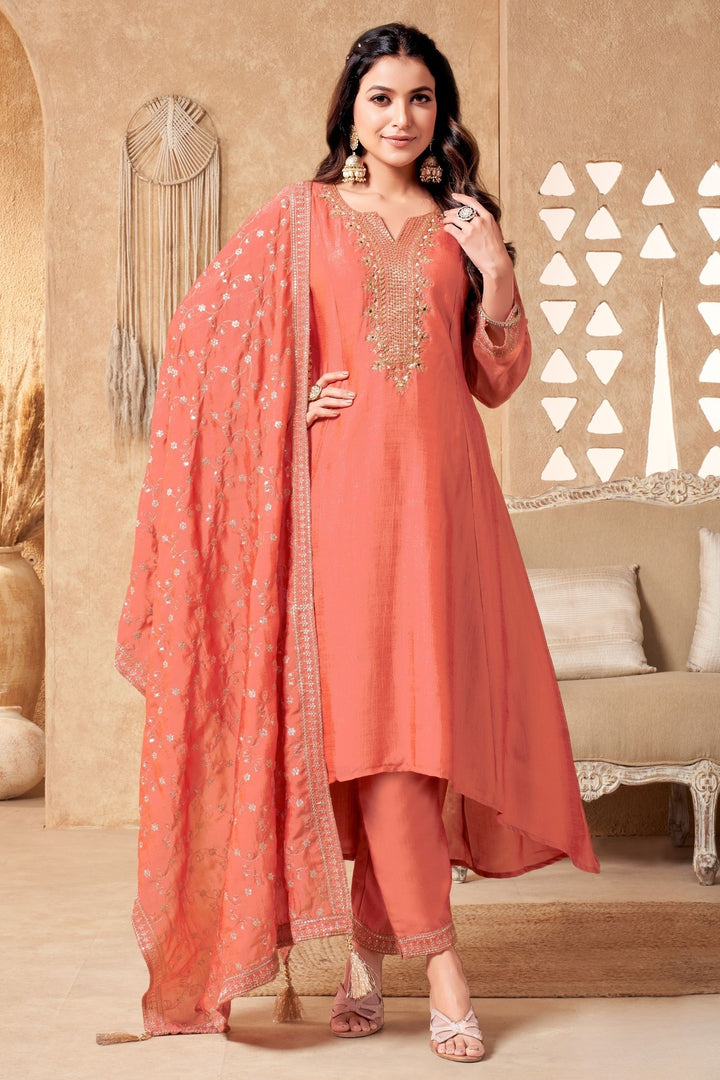 Peach Sequins, Beads, Mirror and Zari work A-line Cut Anarkali Styled Salwar Suit