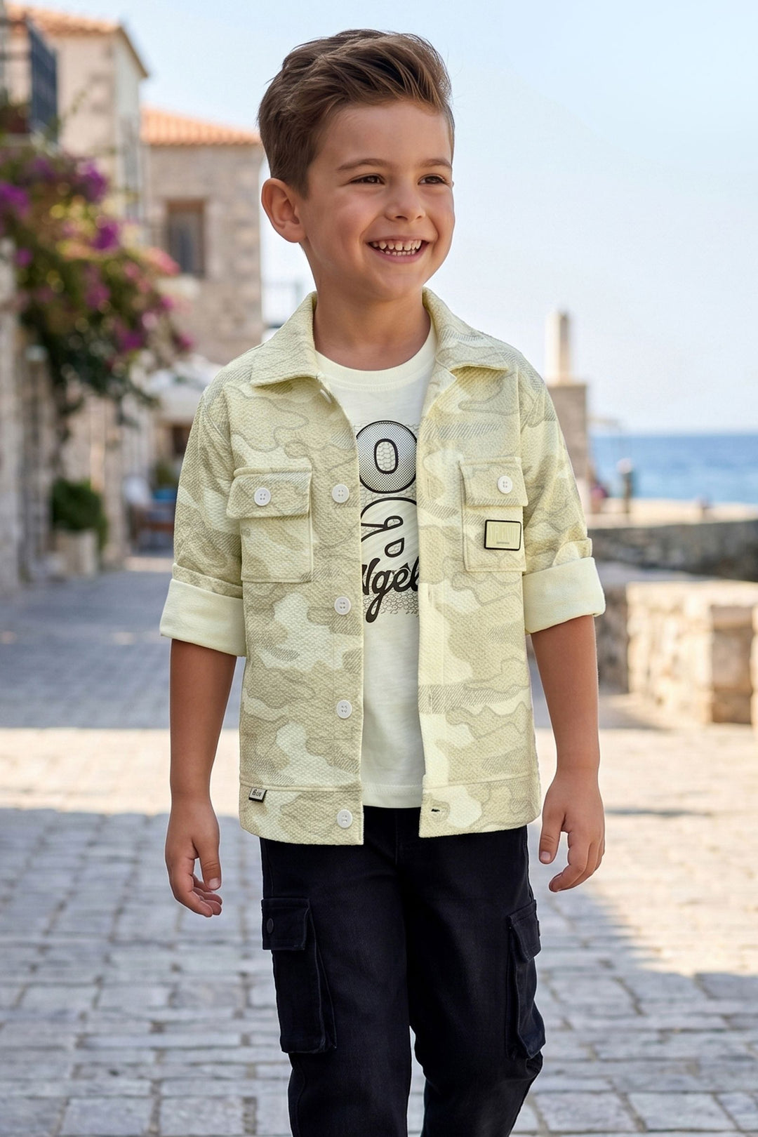 Cream Blazer, Printed T-Shirt and Black Pant Set for Boys