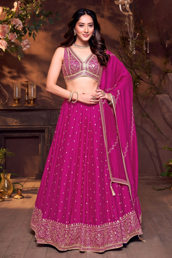 Dark Pink Sequins and Zari work Crop Top Lehenga