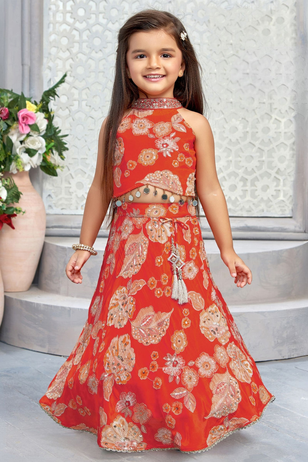 Orange Sequins, Zari and Beads work with Floral Print Lehenga Choli for Girls
