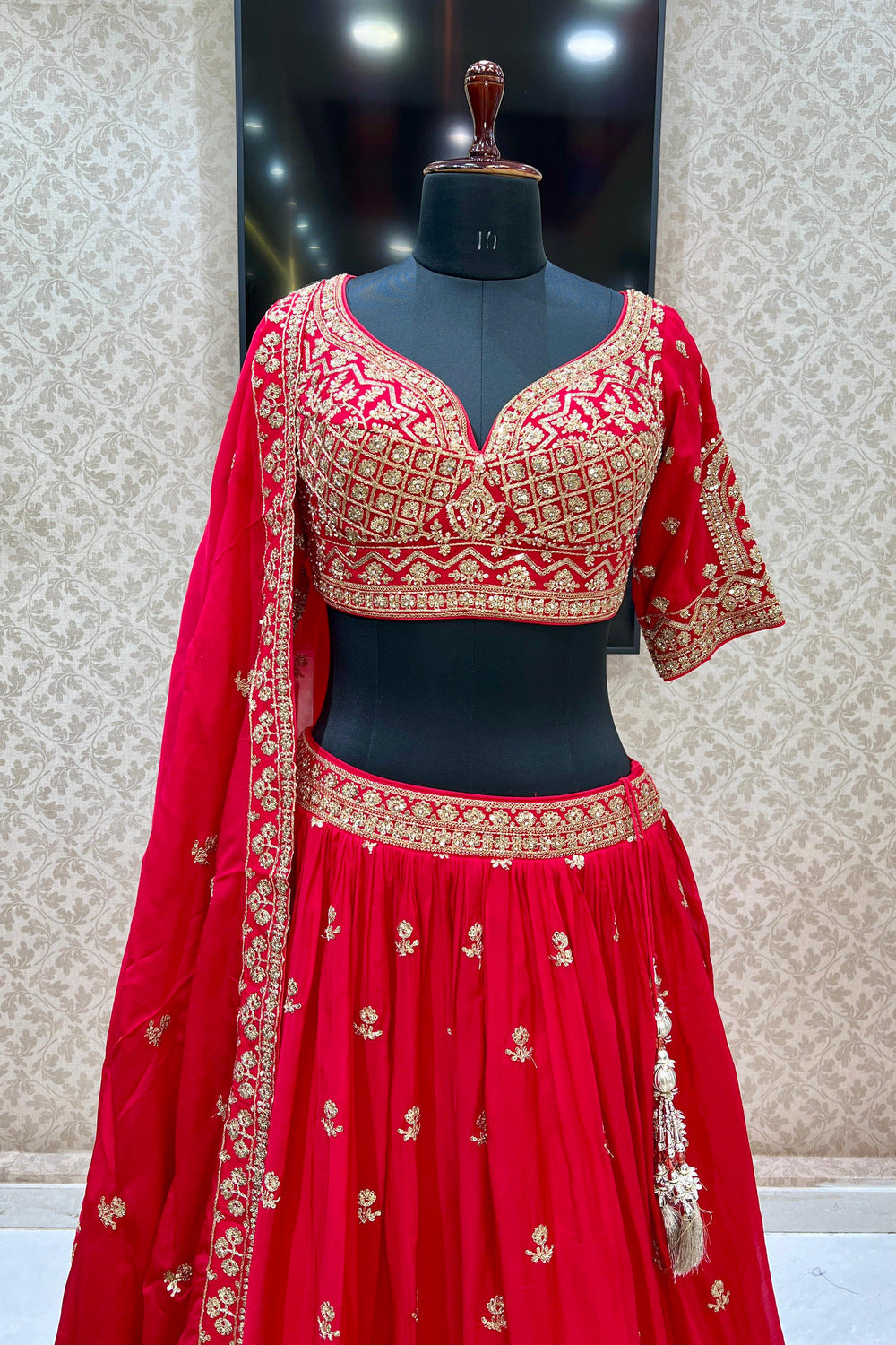 Red Sequins, Zari, Pearl and Beads work Crop Top Lehenga