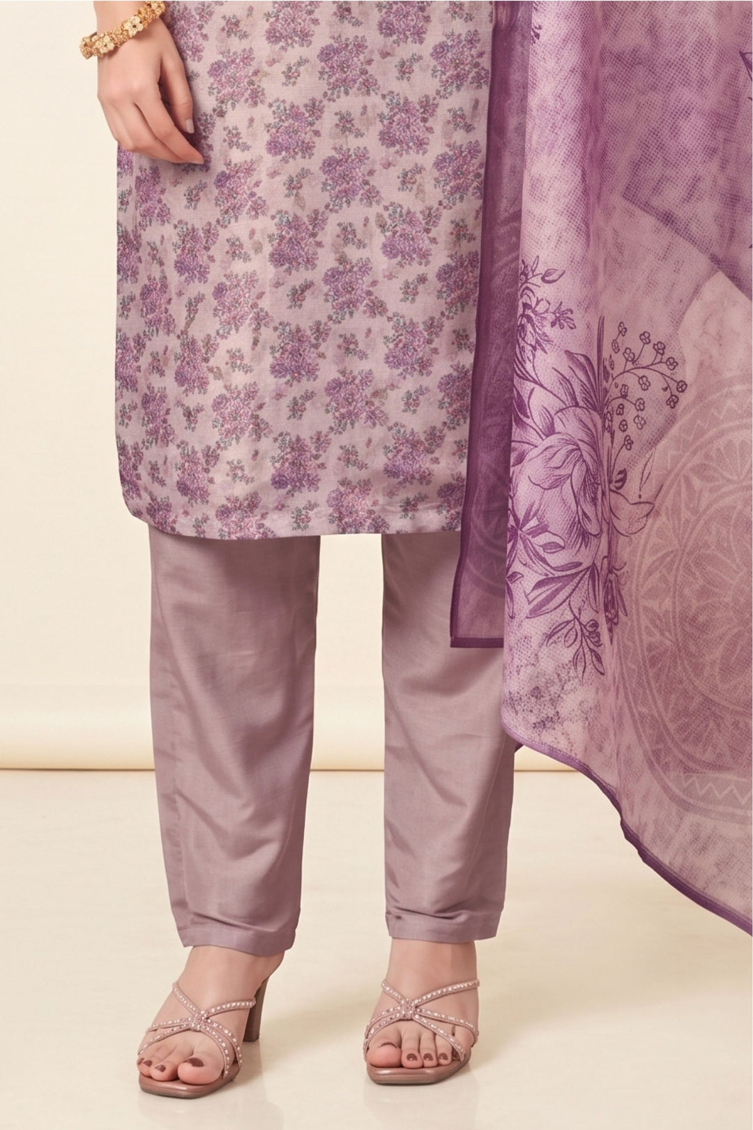 Lavender Mirror, Beads and Sequins work with Floral Print Straight Cut Salwar Suit