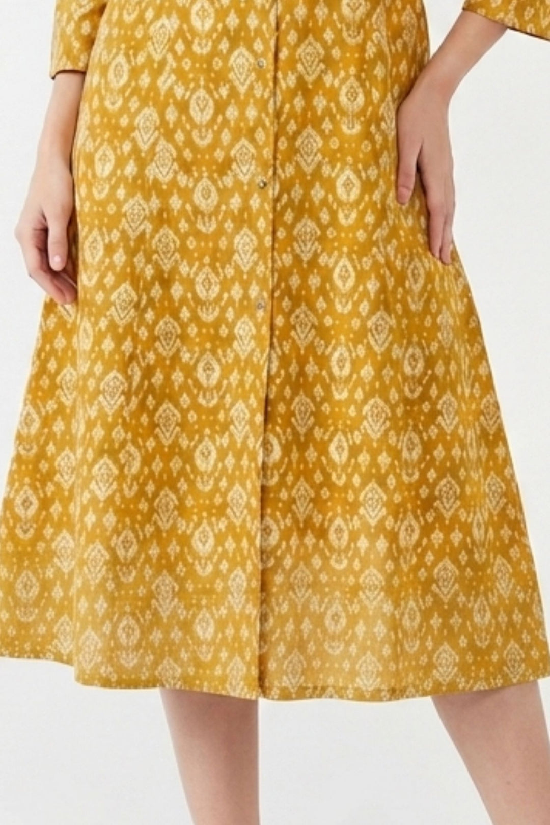 Mustard Embroidery and Mirror work with Digital Print A-Line Cut Calf Length Kurti