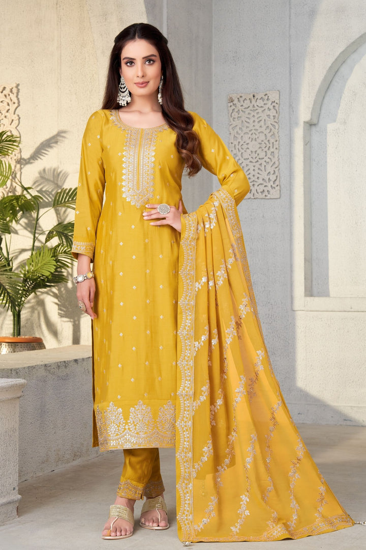 Yellow Sequins and Zari work Straight Cut Salwar Suit