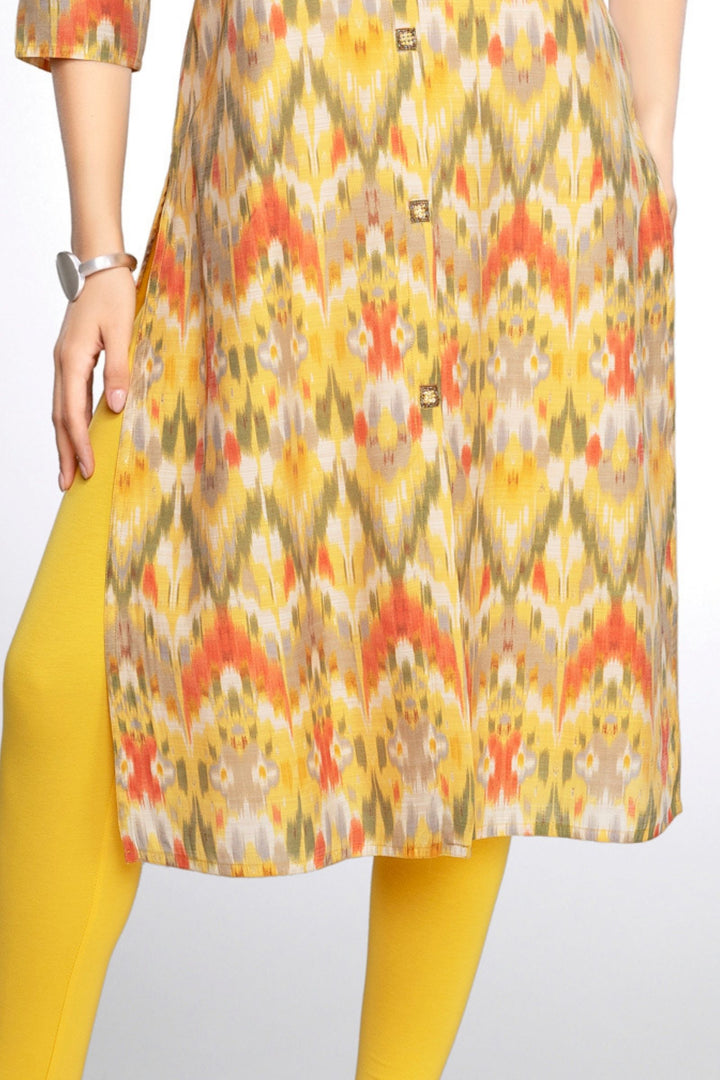 Yellow Beads and Sequins work with Multicolor Digital Print A-line Cut Calf Length Kurti