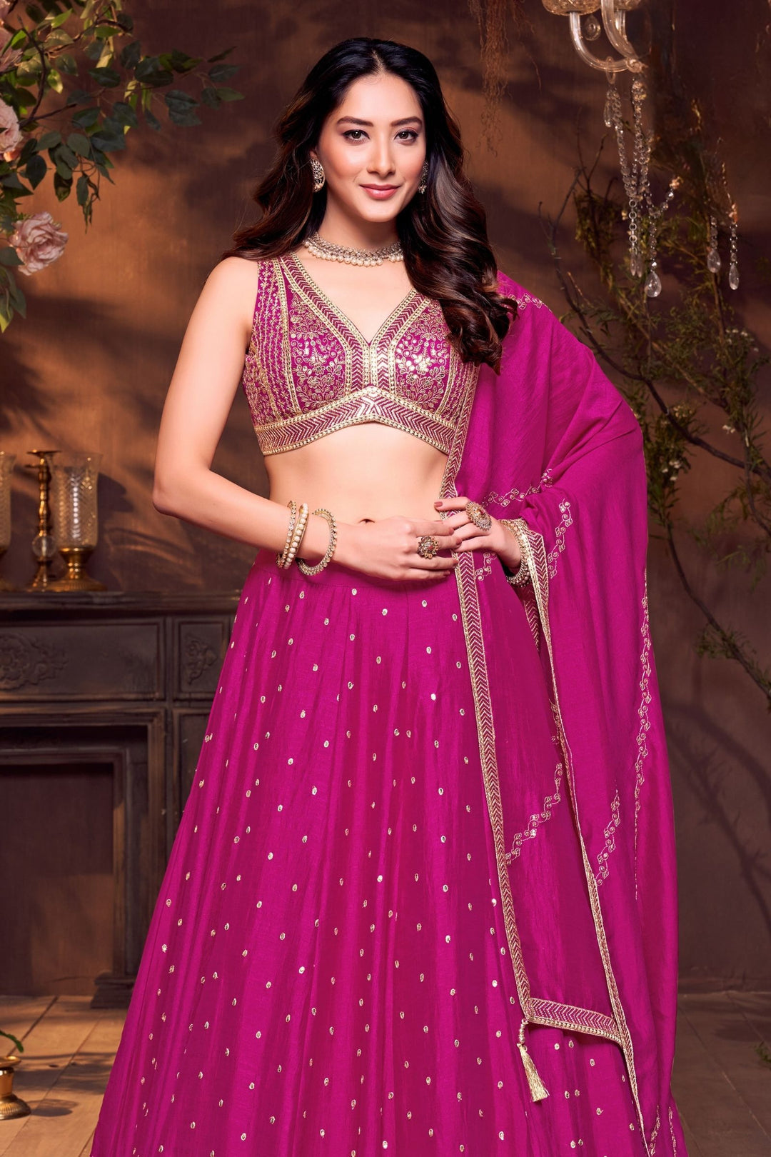 Dark Pink Sequins and Zari work Crop Top Lehenga