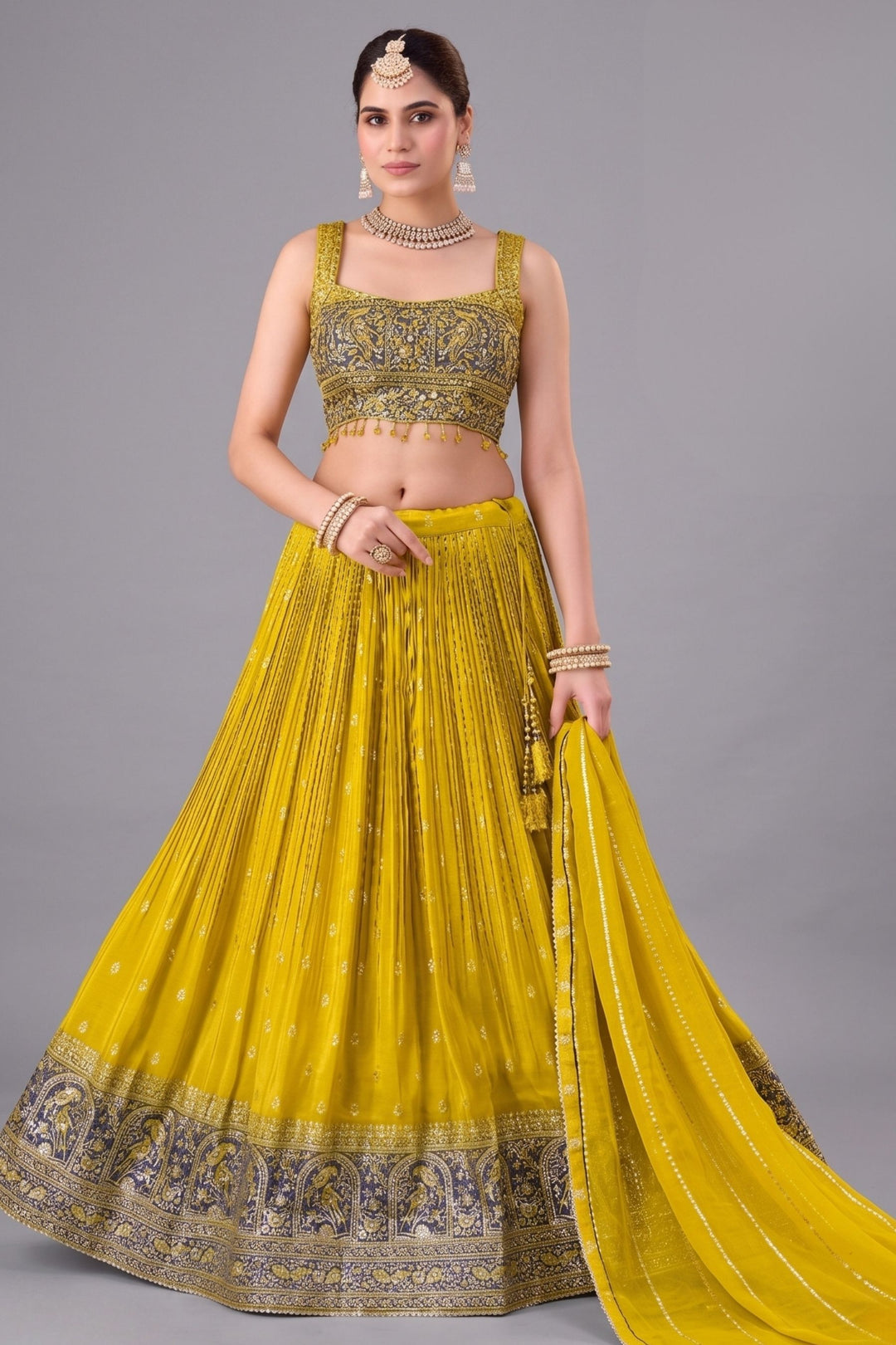 Lemon Yellow with Grey Mirror, Beads, Sequins and Banaras work Lehenga
