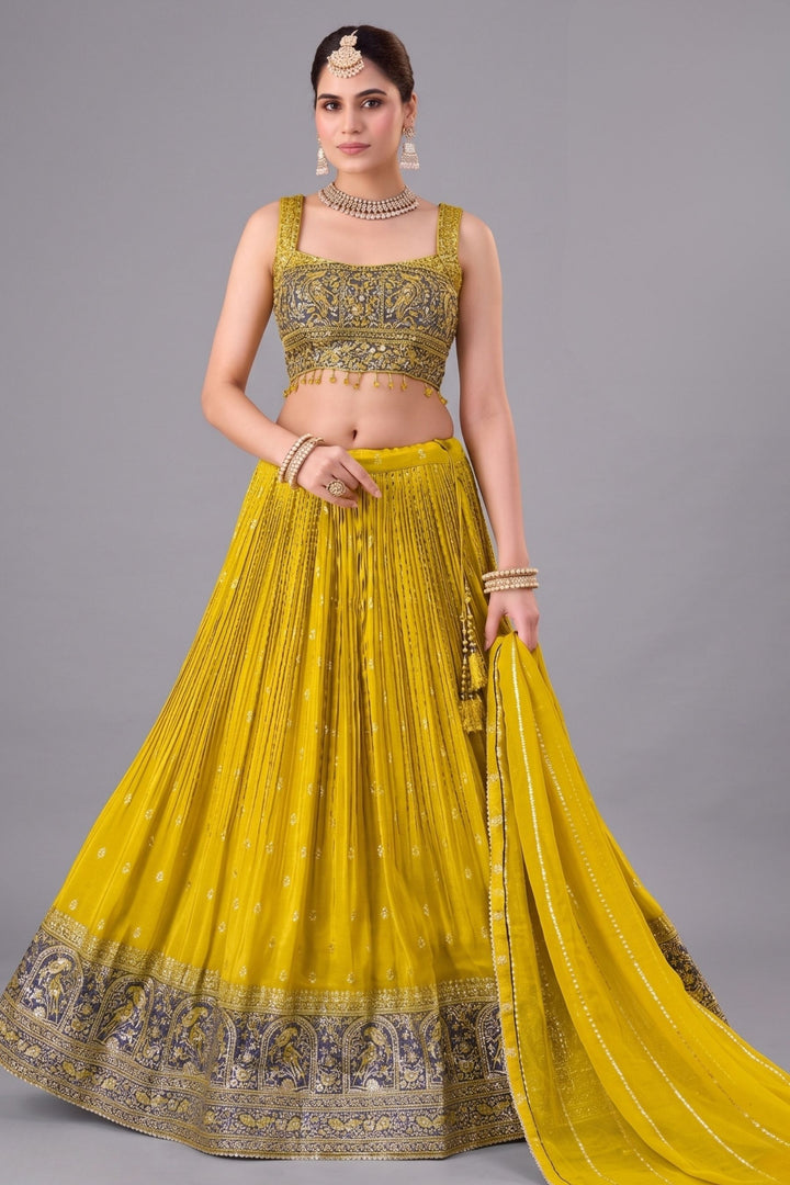 Lemon Yellow with Grey Mirror, Beads, Sequins and Banaras work Lehenga