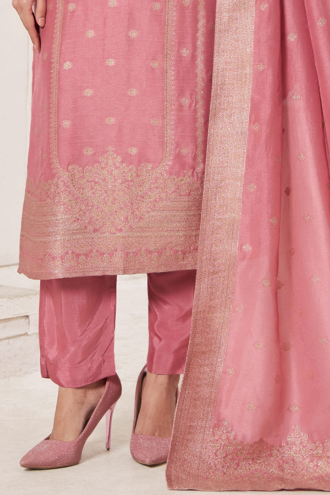 Lotus Pink Beads, Sequins, Stone, Zari, Zardozi and Banaras work Straight Cut Salwar Suit