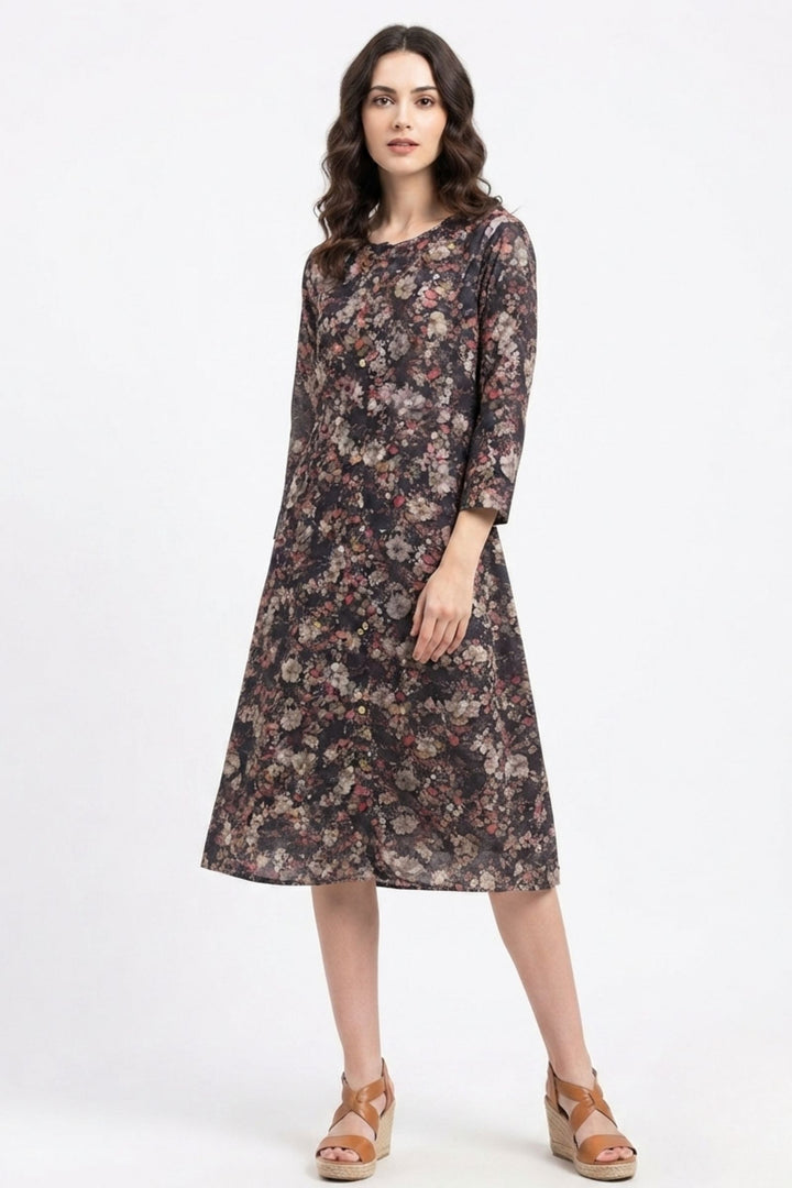 Black Floral Print A-Line Cut Calf Length Kurti
